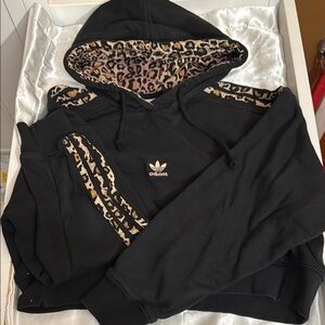 Adidas Black Hooded Sweatshirt with Leopard Print Accents